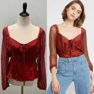 Rihoas Red Satin Long Sleeve Blouse with Sheer Polka Dot Sleeves